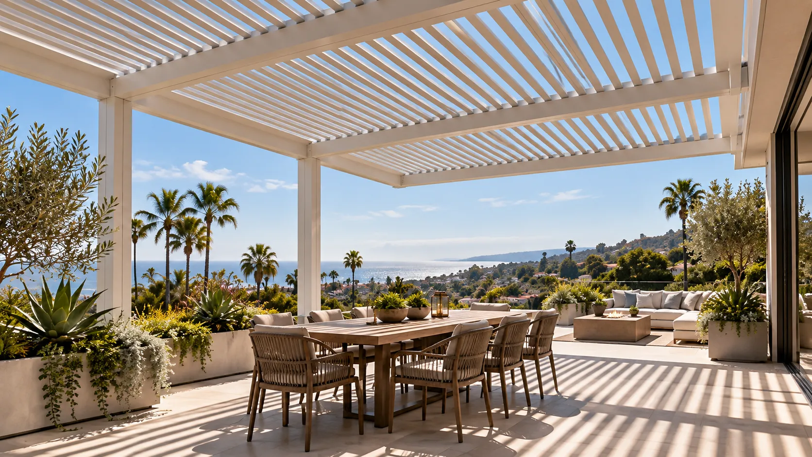 Aluminum lattice patio cover filtering sunlight