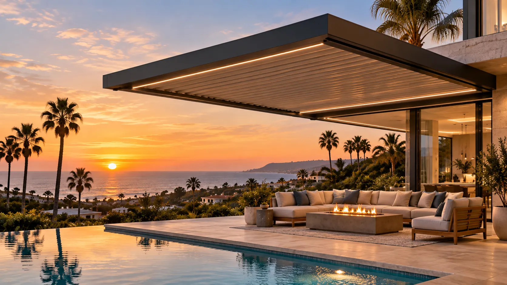 Cantilever aluminum patio cover with open sightlines