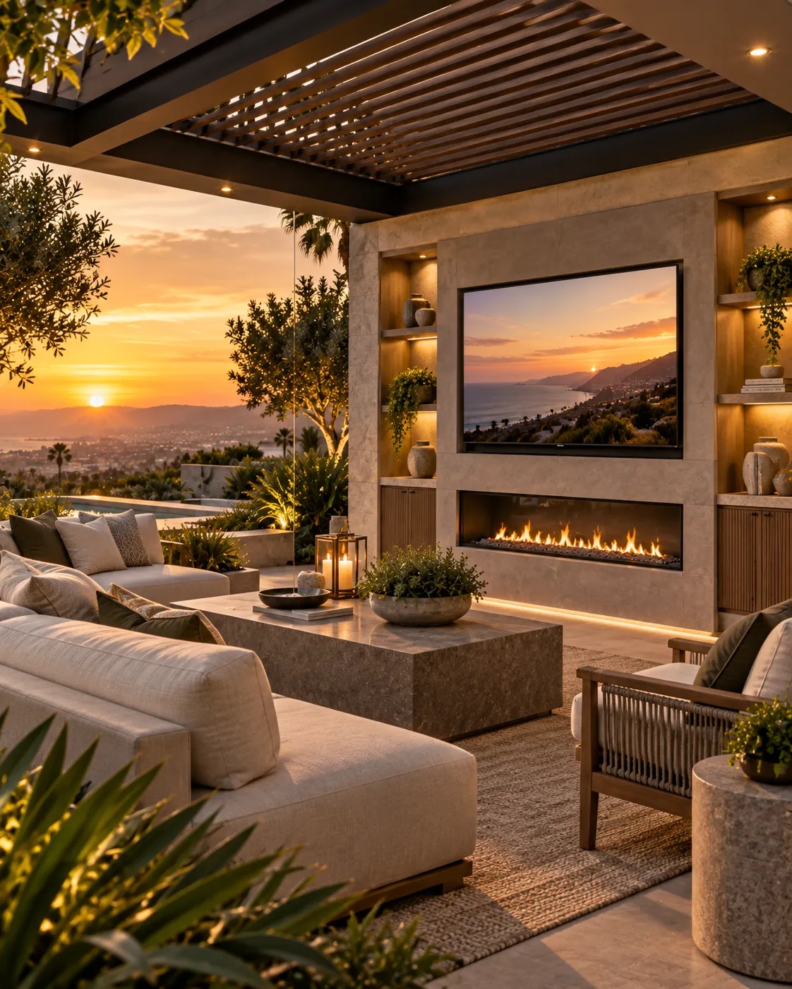 Motorized louvered pergola with entertainment wall