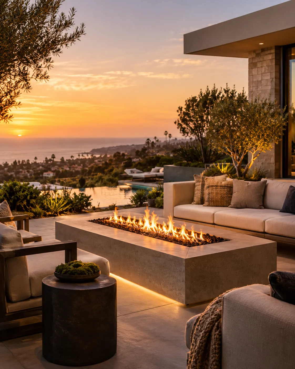 Solid aluminum patio cover with outdoor fire feature