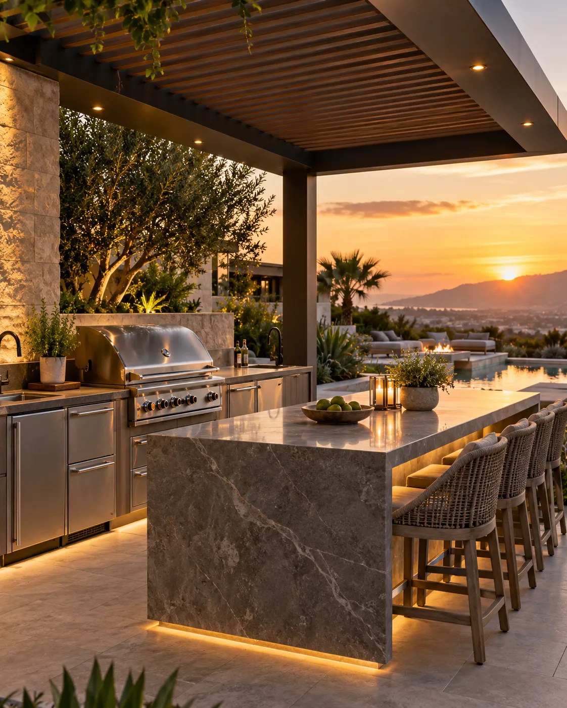 Outdoor kitchen under an aluminum pergola with lighting