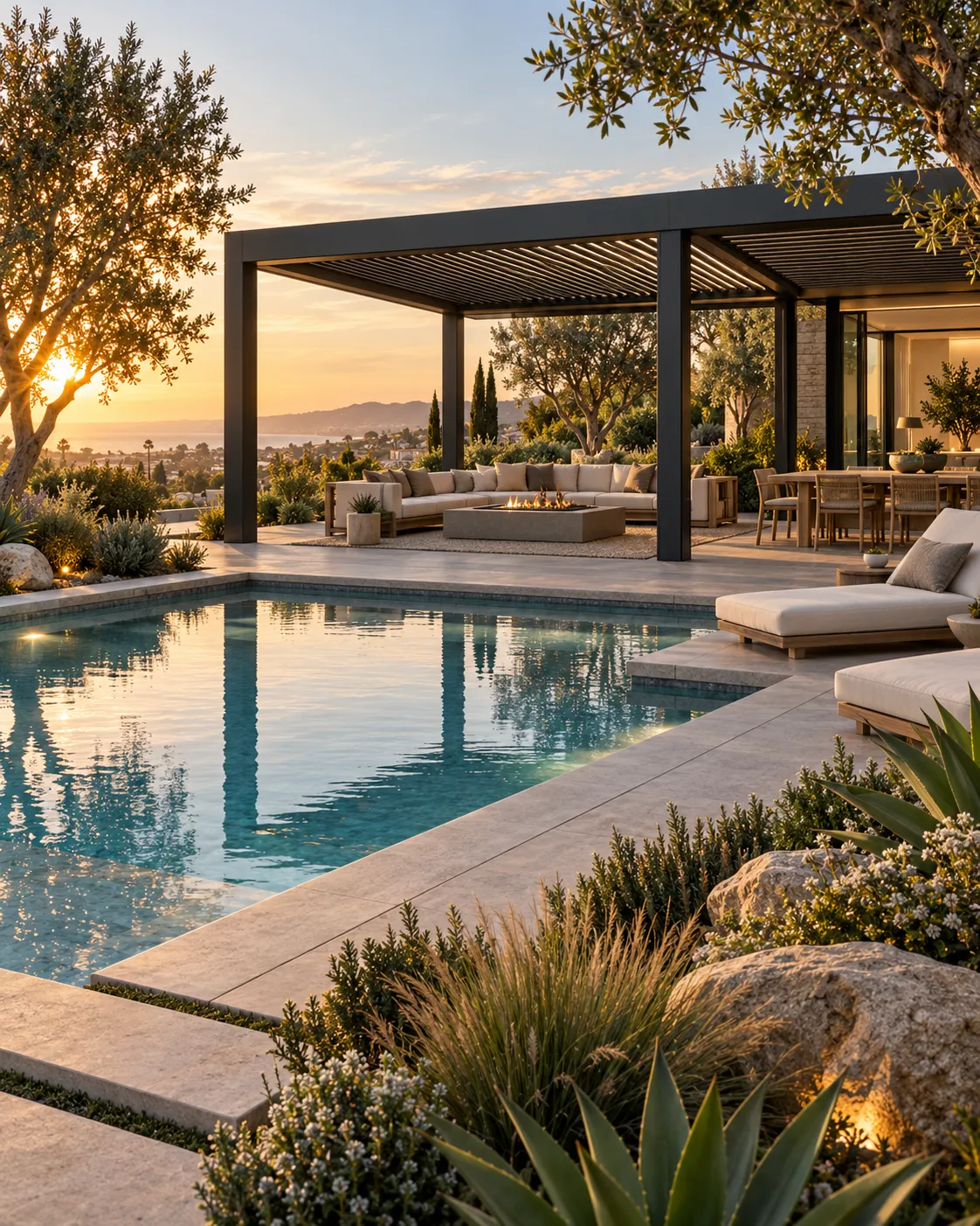 Aluminum pergola over pool and landscaping in Orange County